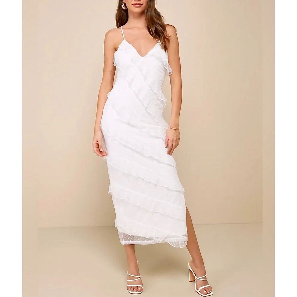 NWT Lulus "More Than Gorgeous" White Mesh Ruffled Swiss Dot Midi Dress, Sz. M
